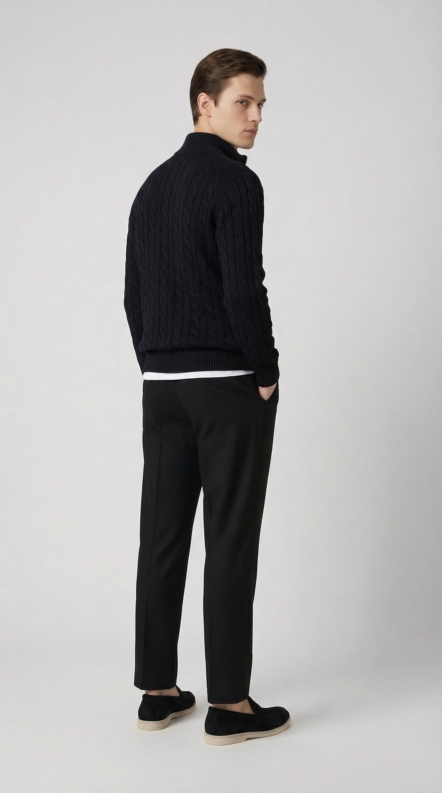 CABLE KNIT TRUCK NECK SWEATER