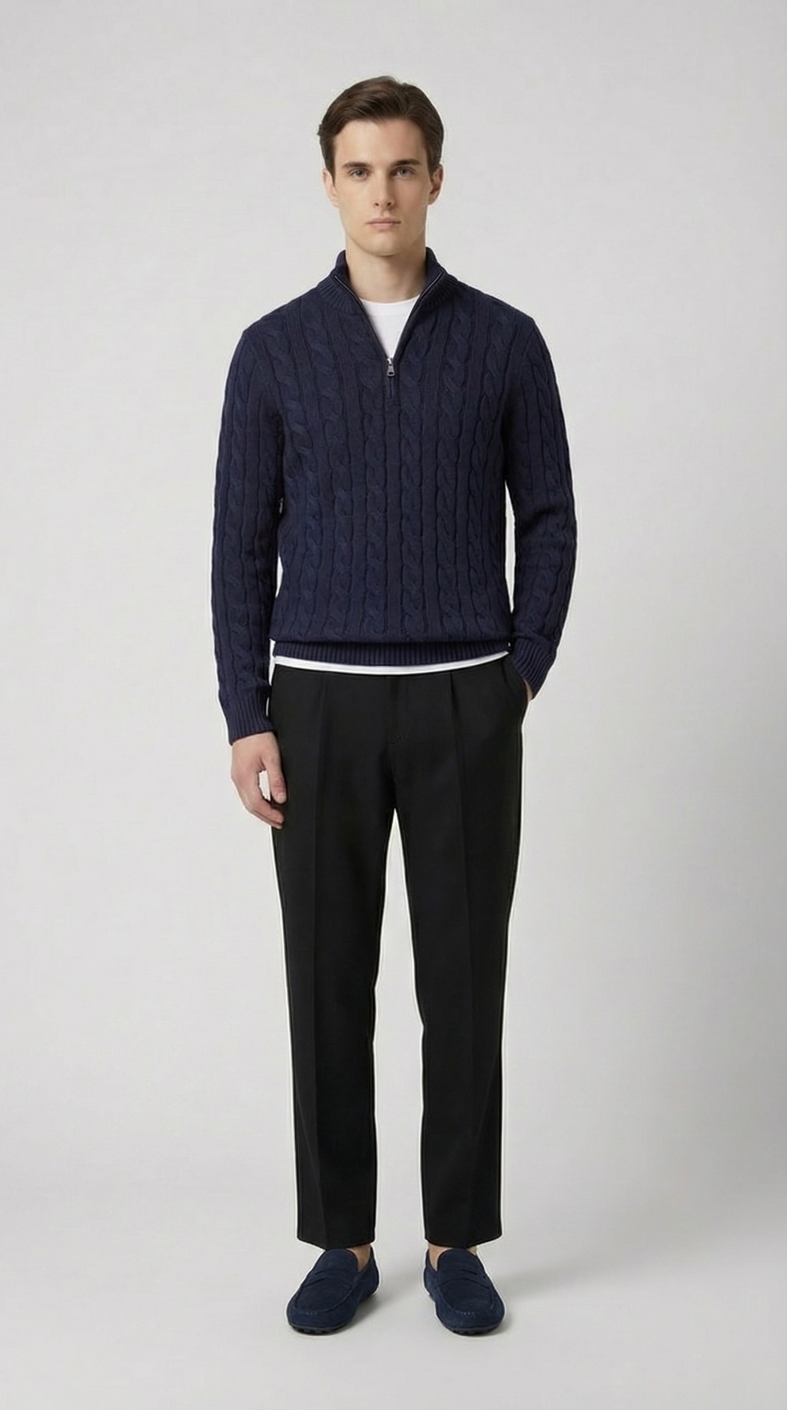 CABLE KNIT TRUCK NECK SWEATER