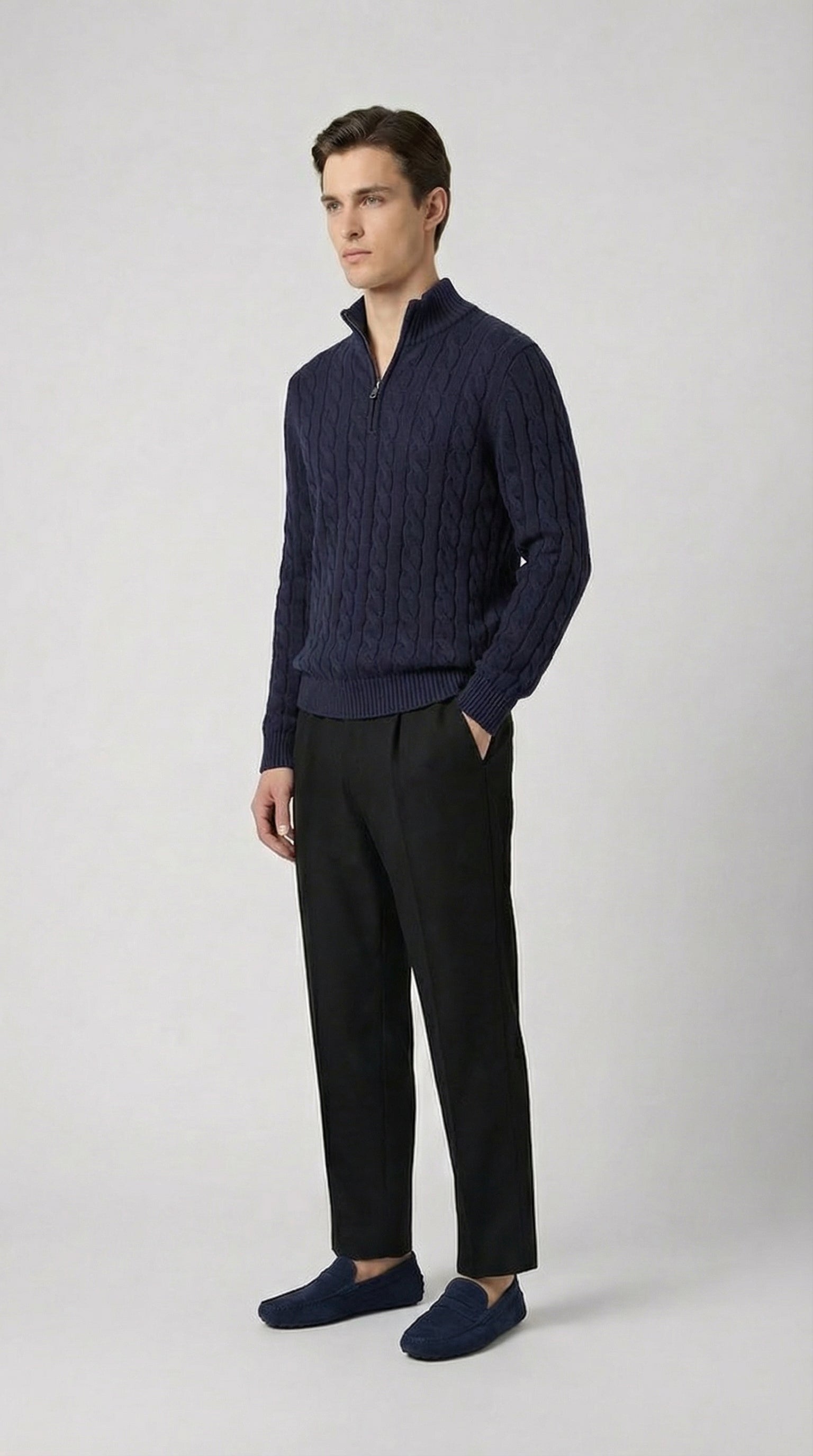 CABLE KNIT TRUCK NECK SWEATER